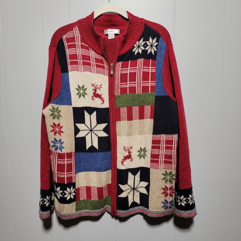 Vintage CJ Banks Christmas Sweater Patchwork Holiday Reindeer Snowflake‎ Zip 1X